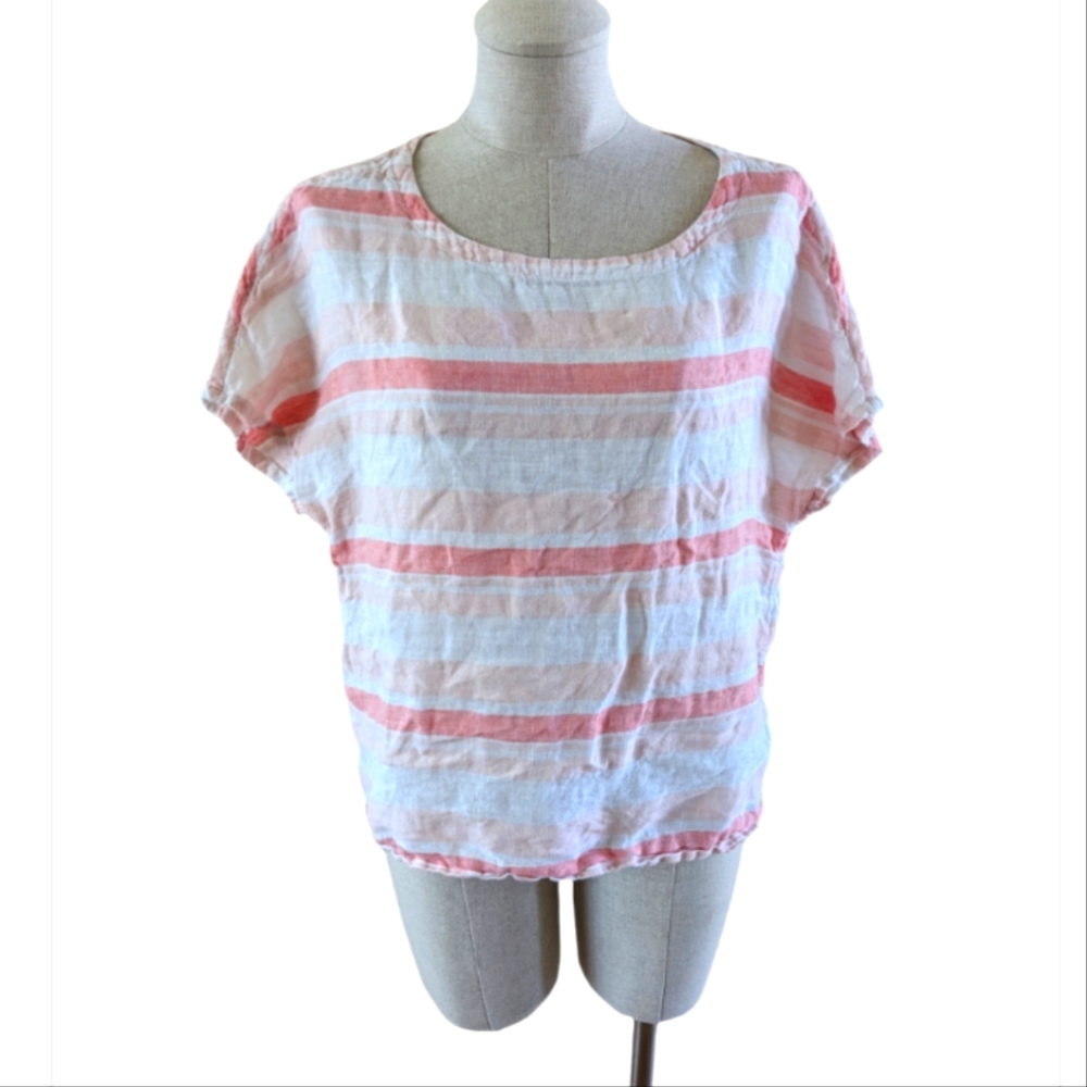 C&C California linen top pink stripes boxy L cropped shirt s…